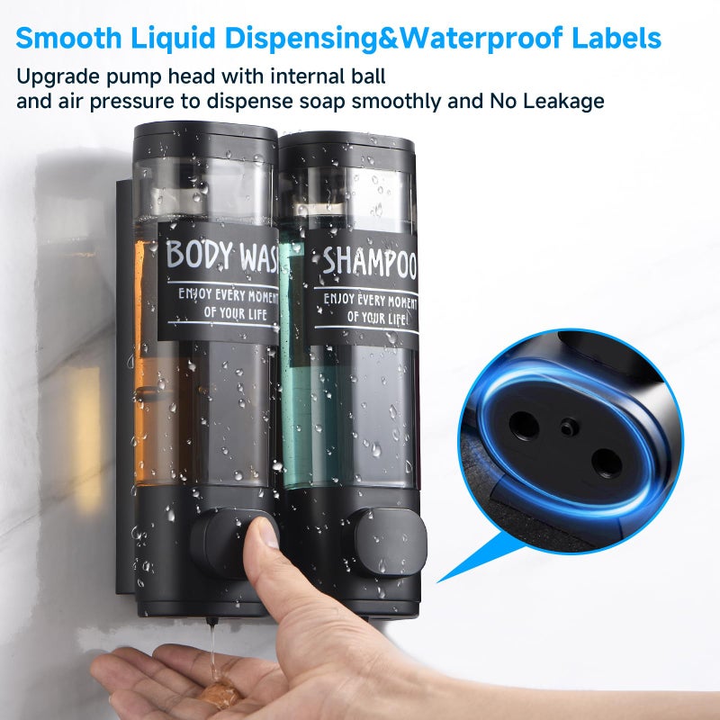GlintGath Shampoo and Conditioner Dispenser GlintGath Shower Dispenser 2 Chamber No Drill Shampoo Dispenser for Shower Wall Mounted Shower Soap Dispenser for Bathroom Hotel 2 * 300ML Matte Black - Image 5